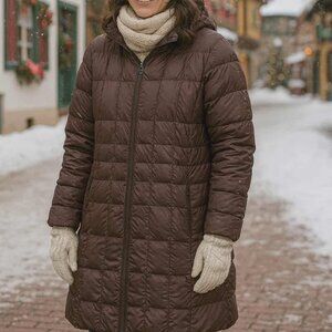 Lands' End Women's Down Puffer Hooded Coat Size M 10-12, Brown 80% Down Goose